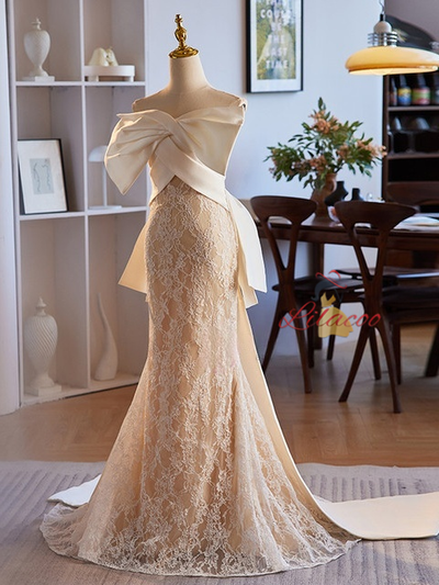 Champagne Mermaid Lace Satin Strapless Wedding Dress