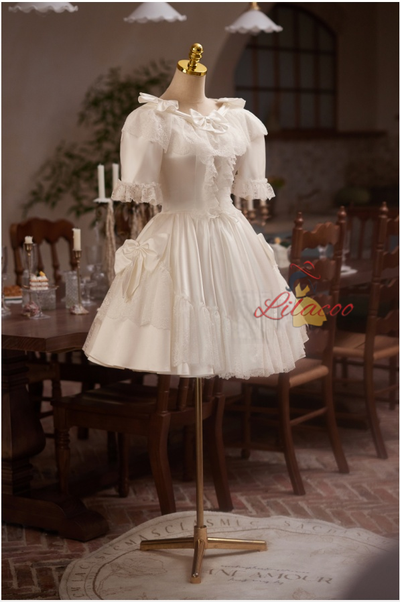 White Satin Lace Short Sleeve Wedding Dress