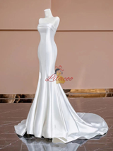 White Mermaid Strapless Satin Button Wedding Dress