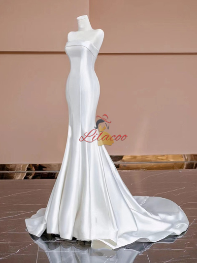 White Mermaid Strapless Satin Button Wedding Dress