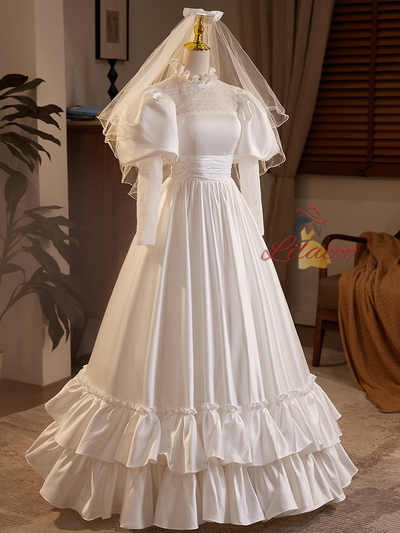 White Satin High Neck Long Sleeve Wedding Dress