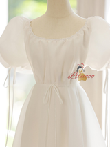 White Puff Sleeve Pleats Wedding Dress