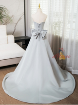 Silver Gray Strapless Bow Prom Dress