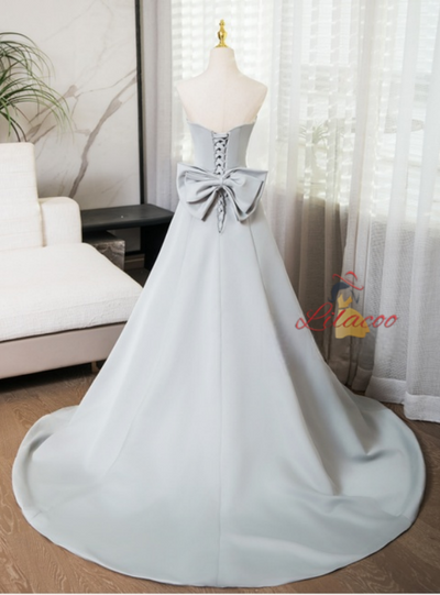 Silver Gray Strapless Bow Prom Dress