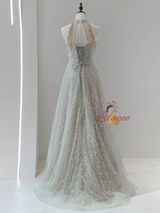Gray Sequins Halter Beading Prom Dress