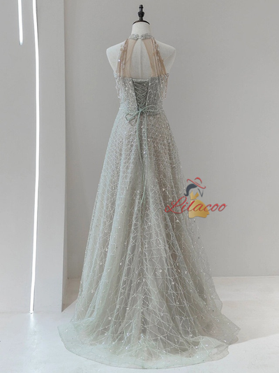 Gray Sequins Halter Beading Prom Dress