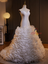 White Mermaid Strapless Tiers Wedding Dress