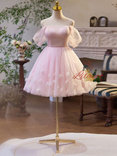 Pink Tulle Off the Shoulder Sequins Homecoming Dress