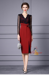 Red Lace V-neck Mother Of The Bride Dress