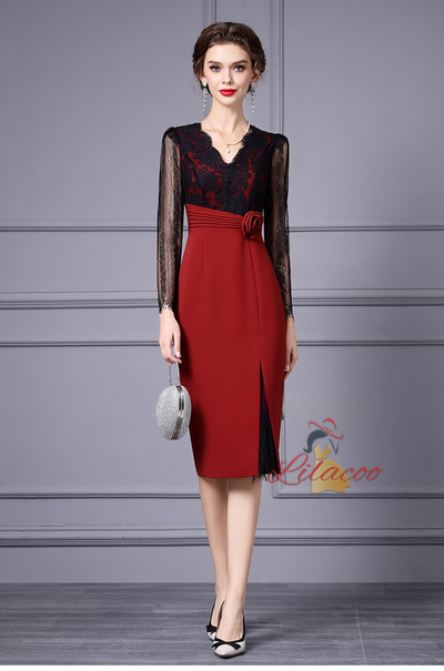 Red Lace V-neck Mother Of The Bride Dress