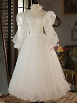 White Tulle Lace Long Sleeve Pearls Wedding Dress