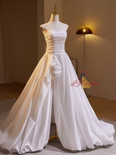 White Satin Pleats Split Wedding Dress