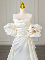 Ivory White Satin Strapless Pleats Wedding Dress