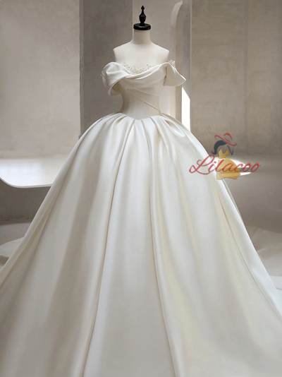 White Satin Off the Shoulder Wedding