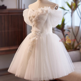 White Tulle Pleats Flower Wedding Dress