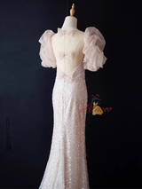 Pink Mermaid Sequins Puff Sleeve Prom Dress