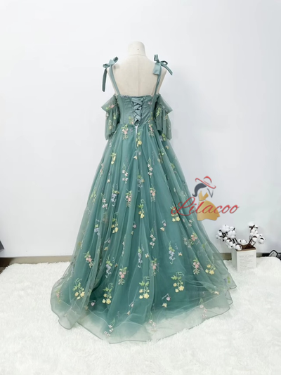 Green Tulle Embroidery Straps Prom Dress