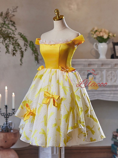 Yellow Off the Shoulder Bow Homecoming Dress