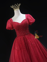 Burgundy Tulle Sequins Short Sleeve Homecoming Dress