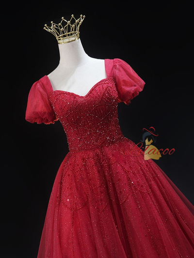 Burgundy Tulle Sequins Short Sleeve Homecoming Dress