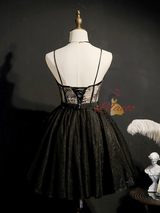 Black Tulle Lace Straps Crystal Homecoming Dress