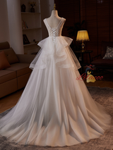 White Tulle V-neck Sequins Beading Wedding Dress