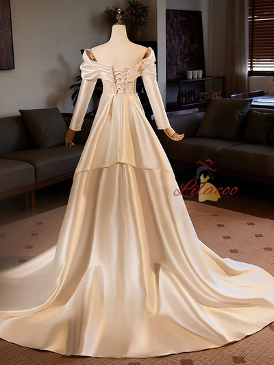 Champagne Satin Mermaid Long Sleeve Wedding Dress