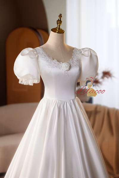 White Satin Lace Puff Sleeve Wedding Dress