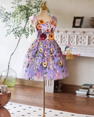Purple Tulle Flower Straps Homecoming Dress