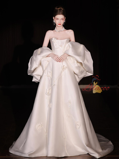 Ivory Strapless Satin 3D Flower Wedding Dress