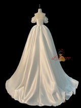 White Satin 3D Flower Pearls Wedding Dress