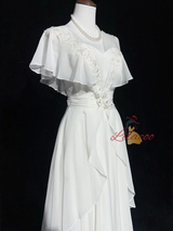 White Chiffon Appliques Pearls Wedding Dress