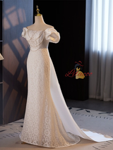 White Mermaid Lace Pearls Wedding Dress