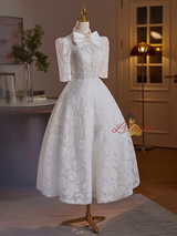 White Lace High Neck Short Sleeve Wedding Dress