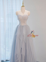 Blue Tulle Sequins Pleats Prom Dress