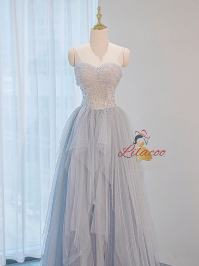 Blue Tulle Sequins Pleats Prom Dress