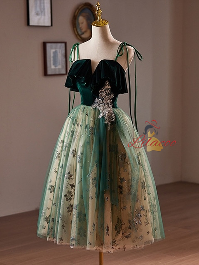 Green Tulle Sequins Straps Homecoming Dress