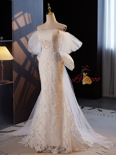 White Mermaid Lace Tulle Bow Wedding Dress