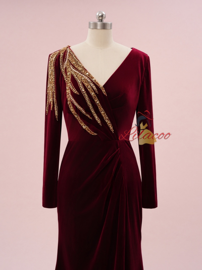 Burgundy Mermaid Velvet Beading Prom Dress