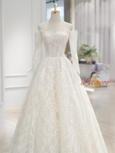 Simple White Lace Long Sleeve Off the Shoulder Wedding Dress