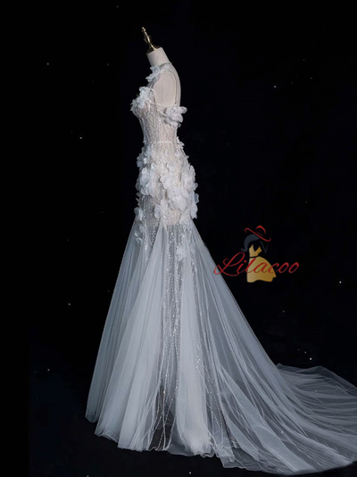 White Mermaid Sequins Flower Wedding Dress