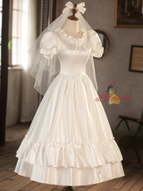 Vintage White Satin Puff Sleeve Button Wedding Dress