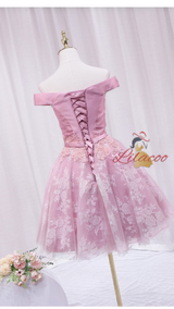 Pink Tulle Lace Off the Shoulder Homecoming Dress
