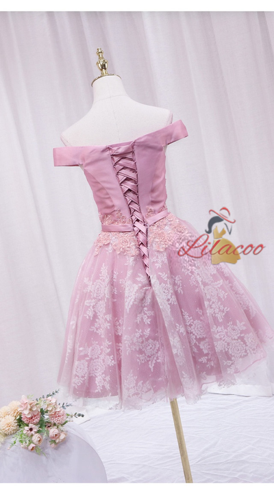 Pink Tulle Lace Off the Shoulder Homecoming Dress