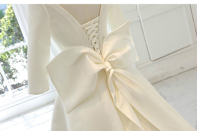 White Satin Short Sleeve Bow Wedding Dress