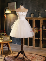 Beige Tulle Satin Pleats Homecoming Dress