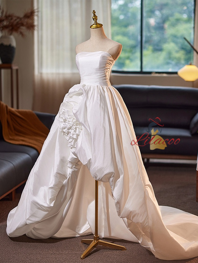 White Strapless Satin Hi Lo Wedding Dress