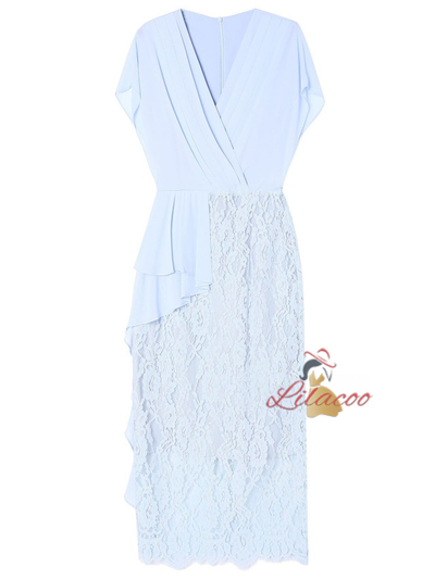 Blue Chiffon Lace V-neck Mother Of The Bride Dress
