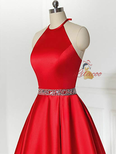 Red Satin Halter Beading Homecoming Dress