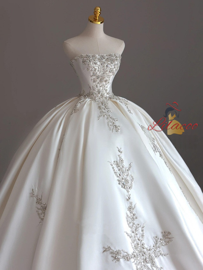 White Ball Gown Satin Beading Strapless Wedding Dress